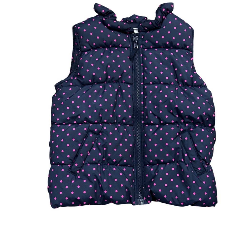 Old Navy Girl Puffer Vest Navy Pink Polka Dot Zip Front Mock Neck Sleeveless